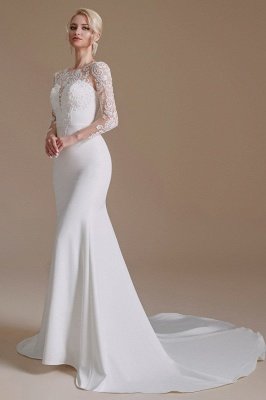 Long Sleeves Wedding Dress mermaid White Crew Neck Floral lace Bridal Dress_4