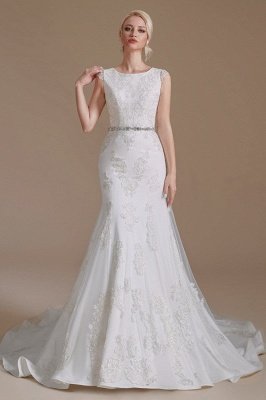 White Sleeveless Mermaid Wedding Dress Floral Lace Bridal Dress with Belt_2