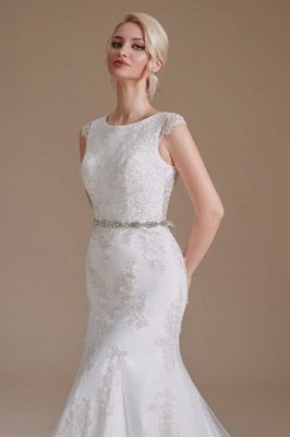 White Sleeveless Mermaid Wedding Dress Floral Lace Bridal Dress with Belt_7