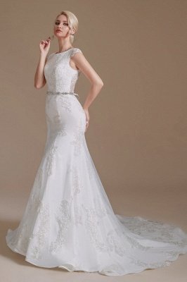 White Sleeveless Mermaid Wedding Dress Floral Lace Bridal Dress with Belt_4