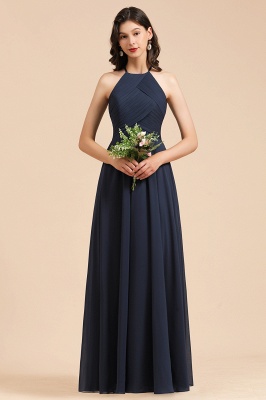 Halter Chiffon Long Bridesmaid Dress Sleeveless Pleated Wedding Guest Dress_5