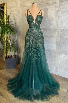 Chic Dark Green Sweetheart Long Evening Dress Tulle Lace Formal Dress_1