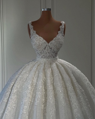 Luxury Sparkly Sequins Ball Gown Wedding Dresses Sleeveless Sweetheart Floral Lace Appliques_4