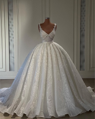 Luxury Sparkly Sequins Ball Gown Wedding Dresses Sleeveless Sweetheart Floral Lace Appliques_3