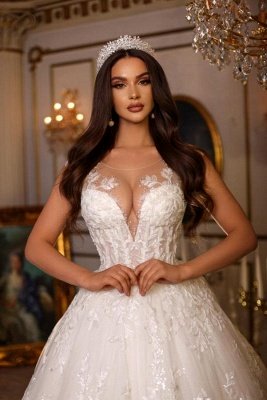 Gorgeous White Aline Wedding Dress Tulle Floral Lace Bridal Gowns_3