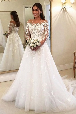 Elegant Long Sleeves Ｗedding Dress Aline Floral Lace Tulle Bridal Gown