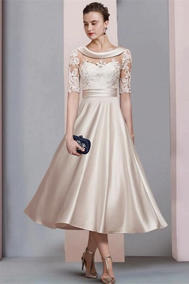 Elegant Scoop Neck Satin Mother of the Bride Dress Half Sleeves Lace Appliques Ankle Length Wedding Guest Dress_1