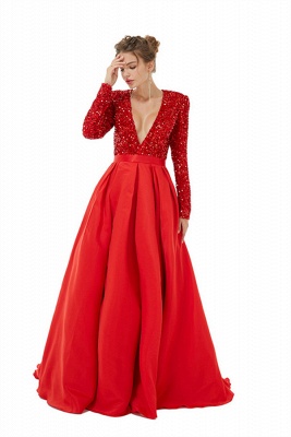 Sparkly Sequins Floor-Length Evening Dress Satin Side Split Prom Dress with Long Sleeves_2