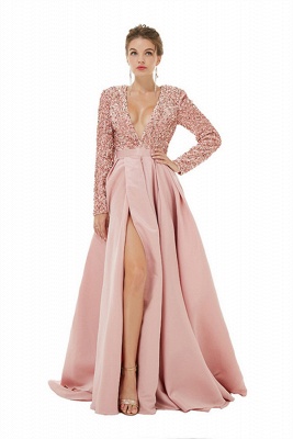 Sparkly Sequins Floor-Length Evening Dress Satin Side Split Prom Dress with Long Sleeves_5