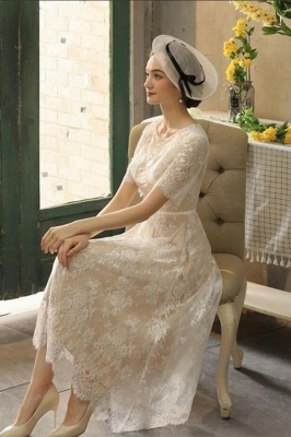 Beautiful Scoop Neck Lace Aline Wedding Dress Ankle Length Bridal Dress with Half Sleeves_3