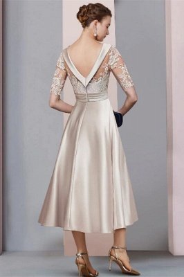 Elegant Scoop Neck Satin Mother of the Bride Dress Half Sleeves Lace Appliques Ankle Length Wedding Guest Dress_2