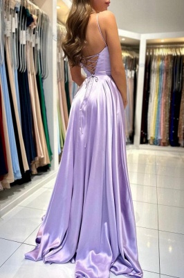 Spaghetti Straps Lilac Satin Evening Dress Sleeveless Simple Formal Dress_3