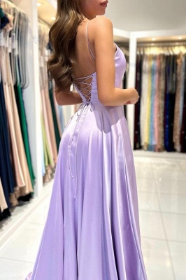 Spaghetti Straps Lilac Satin Evening Dress Sleeveless Simple Formal Dress_4