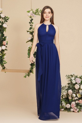 Halter Ruched Chiffon Keyhole Long Evening Dress A-line Bridesmaid Dress_1