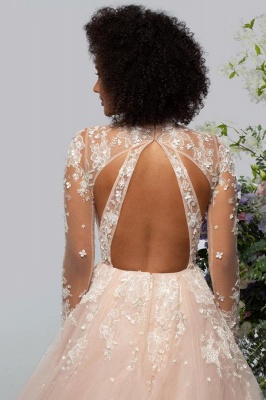 Gorgeous Long Sleeves High Neck Tulle A-line Wedding Dress Floral Lace Backless Bridal Dress_6