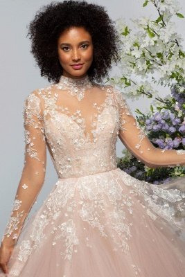 Gorgeous Long Sleeves High Neck Tulle A-line Wedding Dress Floral Lace Backless Bridal Dress_5