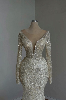 Gorgeous V-Neck Glitter Sequins Mermaid Wedding Dresses with Sleeves_2