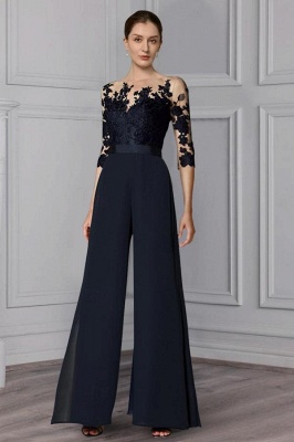 Elegant 3/4 Sleeves Navy Chiffon Wedding Guest Dress Floral Lace Mother of the Bride Dress_4