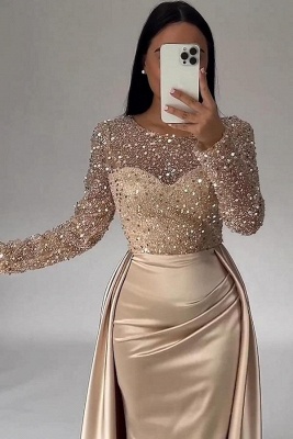 Stunning Jewel Neck Satin Mermaid Prom Dress with Sweep Train Long Sleeves Sequins Evening Dress_3