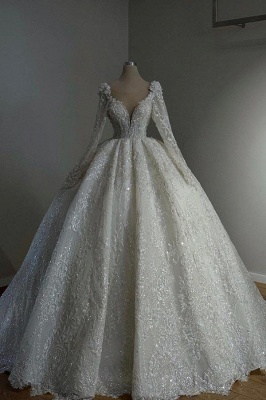 Gorgeous Long Sleeves Bridal Dress Glitter Sequins V-Neck A-line Wedding Dress_1