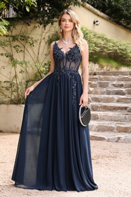 Stunning Spaghetti Straps Tulle Lace Simple Evening Dress Sleeveless A-line Appliques Formal Dress Floor Length_4