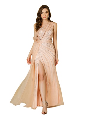 Charming One Shoulder Beadings Evening Dress with Side Slit_1