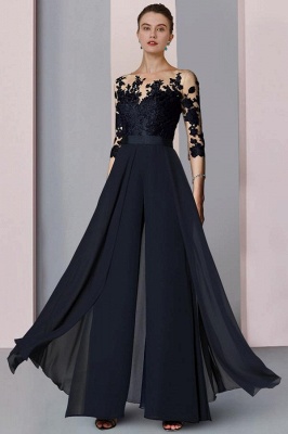 Elegant 3/4 Sleeves Navy Chiffon Wedding Guest Dress Floral Lace Mother of the Bride Dress_3