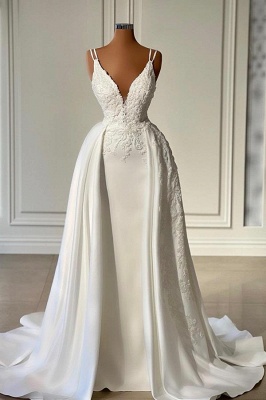 Gorgeous V-Neck White Mermaid Wedding Dress with Lace Appliques Sleeveless Floor Length Bridal Gown with Train_1