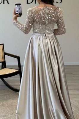 Stunning Jewel Neck Satin Mermaid Prom Dress with Sweep Train Long Sleeves Sequins Evening Dress_6