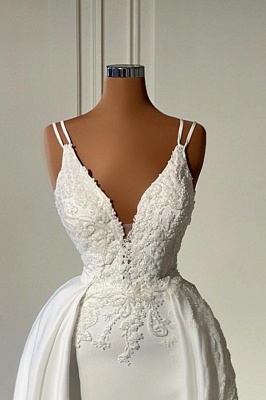 Gorgeous V-Neck White Mermaid Wedding Dress with Lace Appliques Sleeveless Floor Length Bridal Gown with Train_2