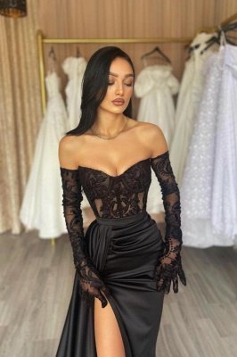 Off Shoulder Long Sleeves Black Satin Mermaid Evening Dress Side Slit Lace Long Prom Dress_2