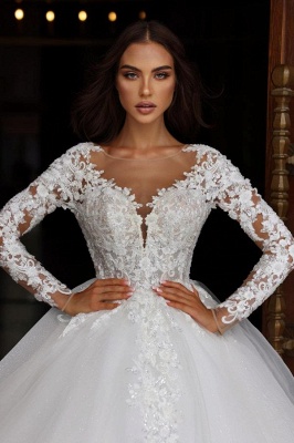 Long Sleeves A-line Wedding Dresses Tulle Lace Appliques Bridal Dress_1