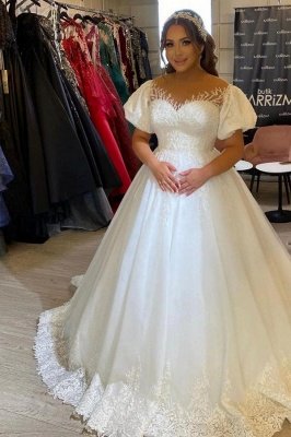 Beautiful Cap Sleeves Tulle A-line Wedding Dresses with Lace Appliques_2