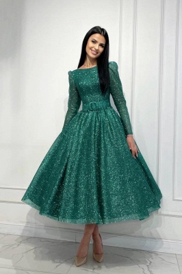 Shiny Sequins Long Sleeves A-line Formal Dress Ankle Length Special Occasion Dress_1