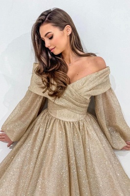 Long Sleeves Ruffle Tea Length Evening Dress Glitter Aline Party Ｗear Dress_3