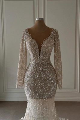 Gorgeous Long Sleeves Mermaid Evening Gown V-Neck Pearls Wedding Dress_2