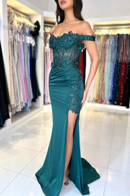 Off-the-Shoulder Dark Green Ruched Satin Beadings Sheath Prom Dresses with Side Slit_2