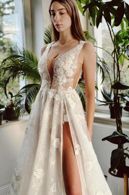 Eelgant Double V-Neck Aline Wedding Dresses Sleeveless Floral Lace Side Slit Bridal Gown for Women_3