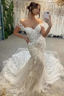 Gorgeous Off-the-Shoulder Tulle Lace Mermaid Wedding Dress with Appliques_1