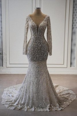 Gorgeous Long Sleeves Mermaid Evening Gown V-Neck Pearls Wedding Dress_1