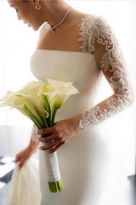 Elegant White Satin Long Wedding Dress with Floral Lace Sleeves_3