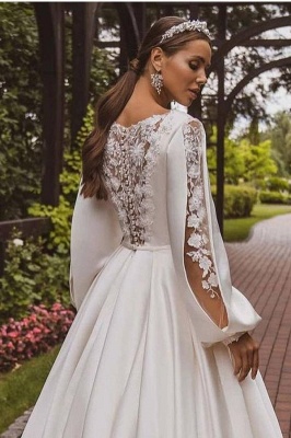 Modest A Line Wedding Dresses Long Sleeves Satin Embroidered Wedding Gowns Plus Size_3