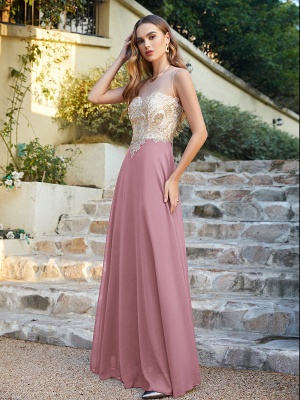 Modest Sleeveless Chiffon Evening Dress Scoop Neck Gold Appliques Floor Length Formal Dresses_49