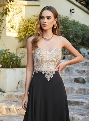 Modest Sleeveless Chiffon Evening Dress Scoop Neck Gold Appliques Floor Length Formal Dresses_29