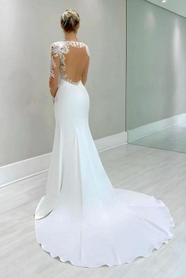 Elegant White Satin Long Wedding Dress with Floral Lace Sleeves_2