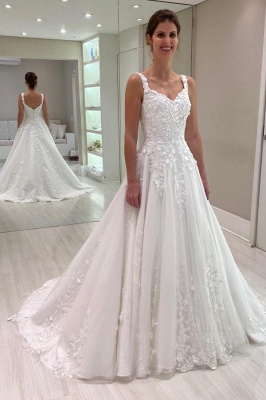 Sweetheart White Tulle Lace A-line Wedding Dresses Sleeveless Appliques Bridal Dress_1