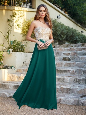 Modest Sleeveless Chiffon Evening Dress Scoop Neck Gold Appliques Floor Length Formal Dresses_54