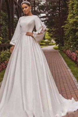 Modest A Line Wedding Dresses Long Sleeves Satin Embroidered Wedding Gowns Plus Size_1