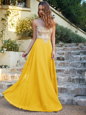 Modest Sleeveless Chiffon Evening Dress Scoop Neck Gold Appliques Floor Length Formal Dresses_42