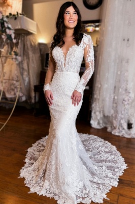 Gorgeous Tulle Lace Mermaid Bridal Dress Long Sleeves Long Wedding Dress with Appliques_1